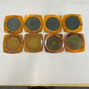 Vintage MCM Tortoise Acrylic and Raffia Coasters Set of 8